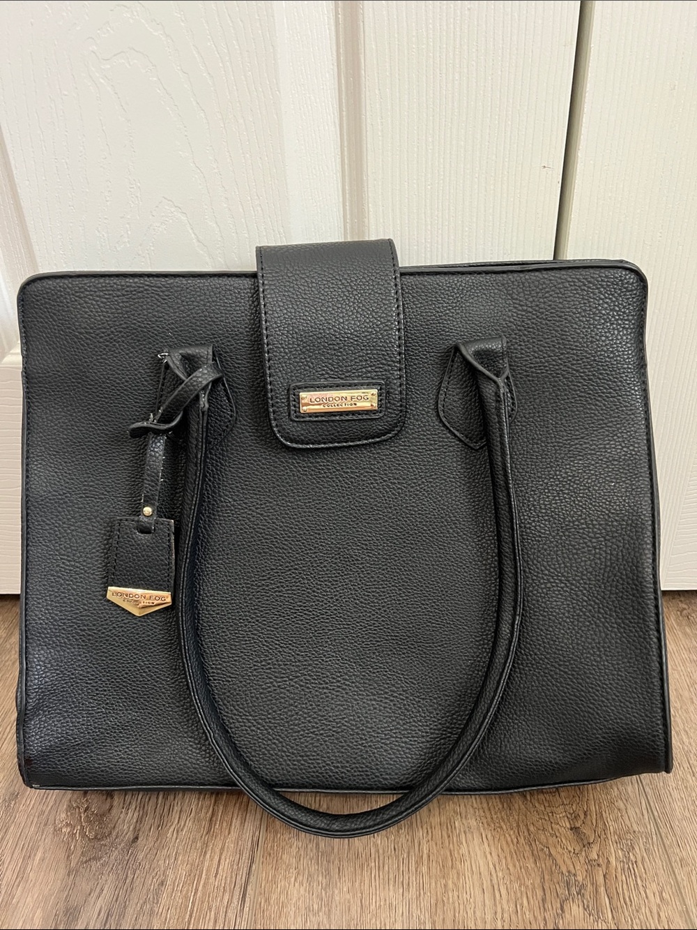 London Fog Black Pebbled Tote with Gold Accents